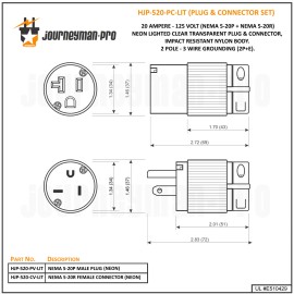 Journeyman*Pro Lighted 20 AMP Male Female Extension Cord Replacement Ends Power Plug Repair LIT - 1 Male + 1 Female
