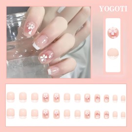 YOGOTI Nail Tip, Short Gel Nail, Nail Seal, False Nails, Spring and Summer Nails, Round Tip, Cute, Glitter, Oval, Short 3D Nails, 24 Pieces, Nail Supplies, Double Sided Tape Included, Nail Art Tool