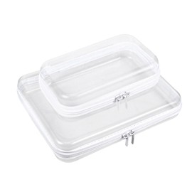 2 Pcs Clear Hard Shell Zipper Case, Portable Clear Zipper Pouches Hard Shell, Waterproof Plastic Transparent Storage Box Set with Double Zips for Cosmetic Stationery Toy Snack Storage