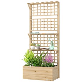 Natural Wooden Raised Garden Bed with Trellis Roof Elevated Planter Box 2 Shelves Drainage Hole Liner for Fencing Trellis GatesTitle: Default Title