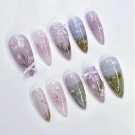 Blossom Lilac False Nails Short Medium Almond Press on Nails with 3D Pearl Bow Designs Cute Countryfield Flower Full Cover Handmade French Glossy Acrylic Fake Nails for Women Daily Wear 24 Pcs