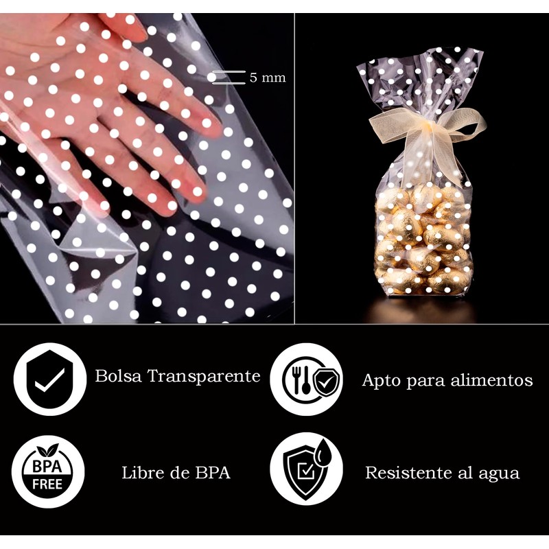 100 x Clear Cellophane Candy Bags with White Dots 100