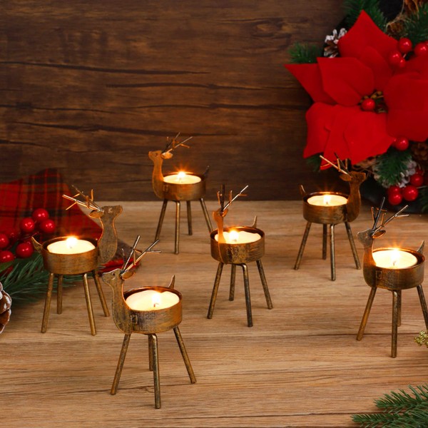 Juegoal Reindeer Tealight Candle Holders, Set of 6 Christmas Decorations Standing Iron Metal with Rustic Bronze Finish, Durable and Rust-Proof Candlestick Holiday Tabletop Centerpiece and Display