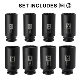 Mayouko 8PCS 1/2" Deep Axle Nut Impact Socket Set, CR-MO, 12 Point Design, Metric, 29,30,32,34,35,36,38,39mm, 1/2 Inch Extra Deep Impact Socket
