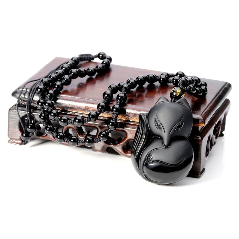 JSDDE Black Obsidian Crystal Hand Carved Fox Pendant Necklace Lucky