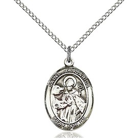 Bonyak Jewelry Saint Medal Collection Sterling Silver St. Januarius Pendant 3/4 x 1/2 inches with Sterling Silver Lite Curb Chain