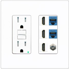 RiteAV 3 HDMI Wall Plate 2 Cat6 1 Coax - GFCI Outlet [Screwless White]