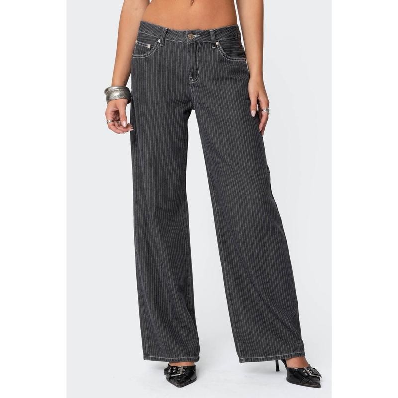 Pinstripe Low Rise Jeans - Color: BLACK, Size: M