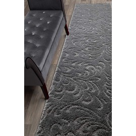 Custom Cut Hallway Runner Rug, Slip Resistant, 26 Inch Wide X Your Choice of Length, Floral Anthracite, 26 Inch X 16 feet