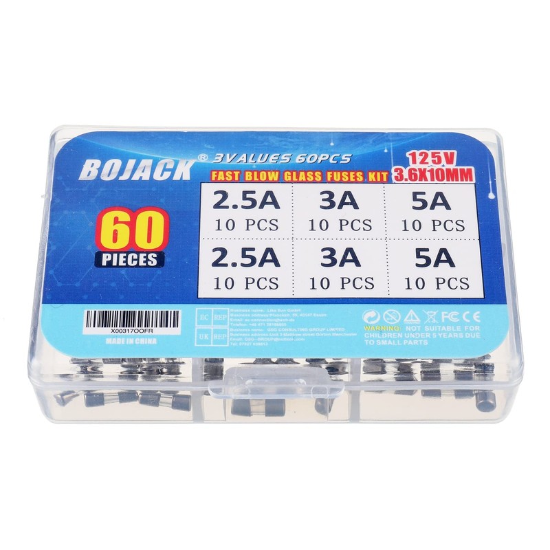 BOJACK Christmas Light Fuses Fast-Blow Glass Fuses Assortment Kit 3.6x10mm