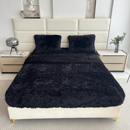chovy Faux Fur Black Full Sheet Set with Extra Soft Plush Velvet Flannel Fluffy Fuzzy (Pillowcase x 2, Flat Sheet x 1, Fitted Sheet x 1)