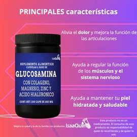 IsaaQuim Glucosamina con Colágeno, Citrato de Magnesio, Zinc y Ácido Hialurónico | 200 Cápsulas de 600 mg | Por Porción: 250 mg Glucosamina, 33 mg Áci