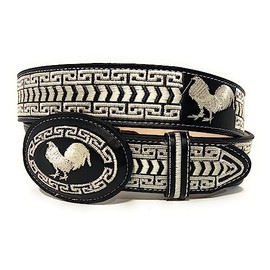 Men's Rooster Embroidered Western Leather Belt, Cinto Vaquero Bordado Con Gallo (Black, 36)