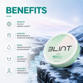 BLINT Bolsas nootrópicas sin cafeína Flow | Suplementos cerebrales para la memoria y la concentración | Alpha GPC, L-teanina, L-tirosina | Sin nicotin