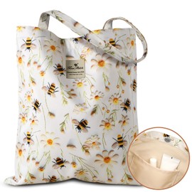Miss Adola Aesthetic Cotton Tote Bag for Women - Reusable Grocery Bag with Buckle White Flower Bee Fabric Shoulder Bag for Shopping, Gym, Travel, Work