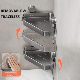 2 Packs Corner Shower Caddy Suction Cup, No Drilling Bathroom Organizers with Removable Hooks,Wall-Mounted Shower Shelves Holder for Inside Shower Bathroom Accessories Organizer and Storage (3)