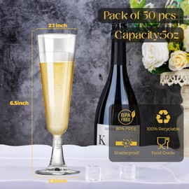 KOOSREEL Plastic Champagne Flutes, 50 Pack 5Oz/150ml Clear Plastic Champagne Glasses Cocktail Glasses Prosecco Glasses for Party,Birthday,Wedding,Chrismas,Thanksgiving
