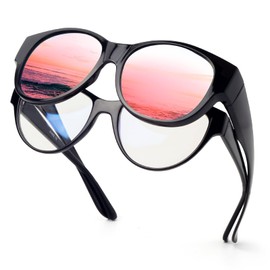 Face Shadow Polarised Over Sunglasses Women's UV Protection Over Glasses Sunglasses for Glasses Wearers Ultra Light Fit-Over Glasses, Black Frame/Pink Mirrored Lens
