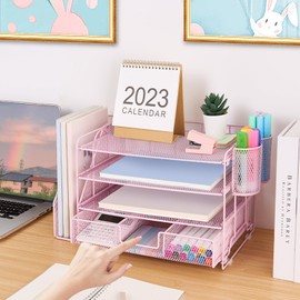 OPNICE Desk Organizers and Accessories, 4 Tier Tray File Holders, Vertical File Organizer with 2 Pen Holders, Office Desk Organization and Desk Accessories for Office Supplies（Pink）