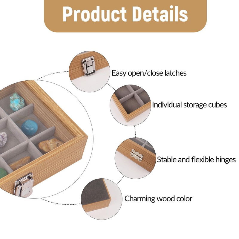 Dmnnlp 12 Grids Rock Display Case, Wooden Rock Collection Box