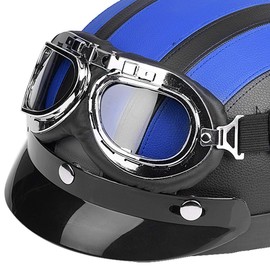 Vintage motorcycle helmet with glasses size, universal motorcycle scooter synthetic leather open face half helmet & visor UV glasses black(blue)