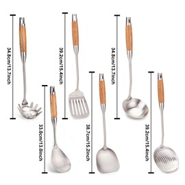FJNATINH Wok Utensils for Carbon Steel, Stainless Steel Wok Spatula Metal Set, 6-Pieces 13-15 Inch Extra Long, Wok Tools Professional Set, Wooden Handle Skimmer, Soup Ladle, Slotted Turner