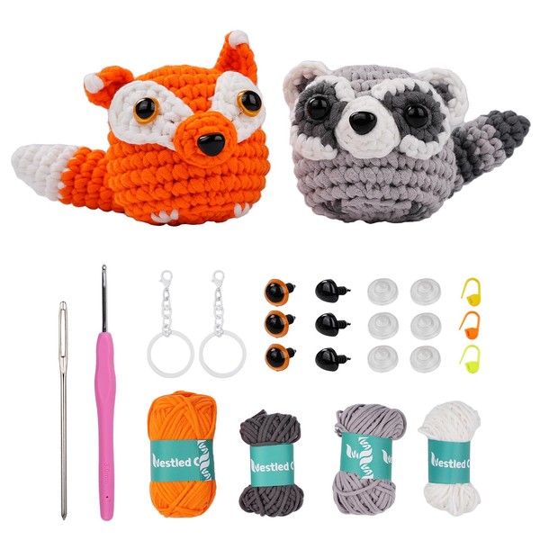 Kit de Herramientas de Ganchillo Lindo Zorro y Mapache, Ganchillo