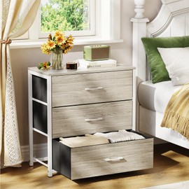 Memobarco Nightstand, End Table, Bedside Table, Tall Fabric Dresser with 3 Drawer, White Drawers Small Chests of Drawers Organizer Storage Tower with Steel Frame, Wooden Top & Front for Bedroom