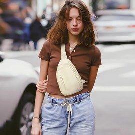 Viverte Small Sling Bag Crossbody Bag for Women with 4 Pockets Cross Body Fanny Pack Womens Chest Bag for Outdoors Traveling Running (Beige)