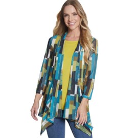 MULTIPLES Women's Three Quarters Sleeves Shawl Collar Open Drapey Front Jacket, Geo Multi