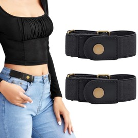 LEACOOLKEY No Buckle Stretch Belt for Women/Men—2 Pack Elastic Invisible Belt for Jeans （Black,Fits 2 loop size 4"-6")
