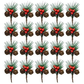MOMOONNON 20PCS Artificial Red Berry Pine Picks Pine Needles Branches with Red Berry Stems Artificial Winter Christmas Berries Decor for Crafts Christmas Tree DIY Garland Holiday Wreath