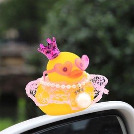 wonuu Rubber Duck Car Dashboard Decoration, Duck Car Ornament Cute Car Accessories with Mini Crown Dress Pearl Necklace Glasses, Pink Lace Skirt