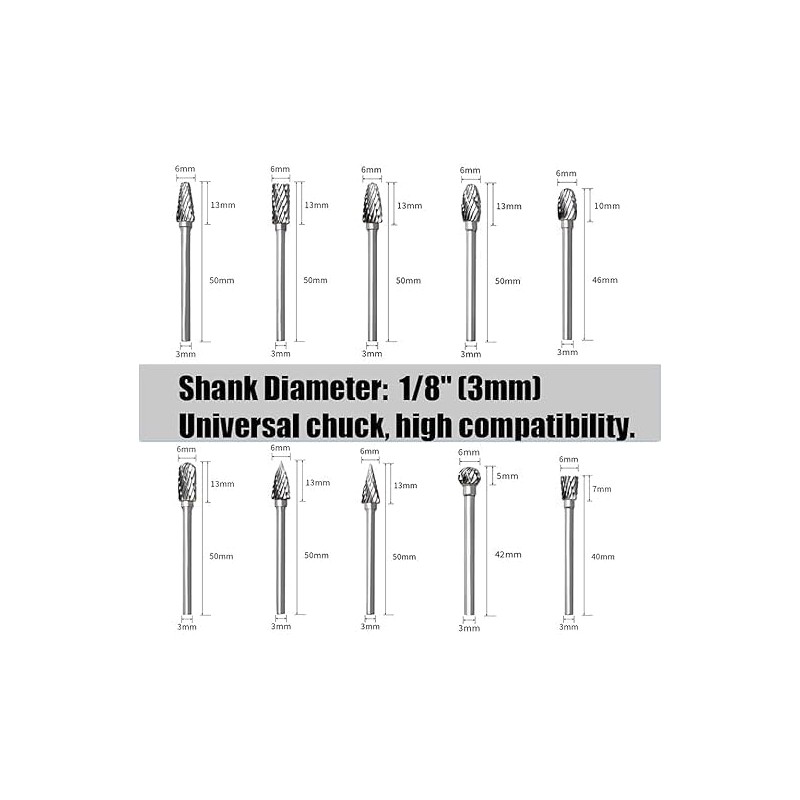 10Pcs 1/8" Shank Carbide Burr Bits Compatible with Dremel w/