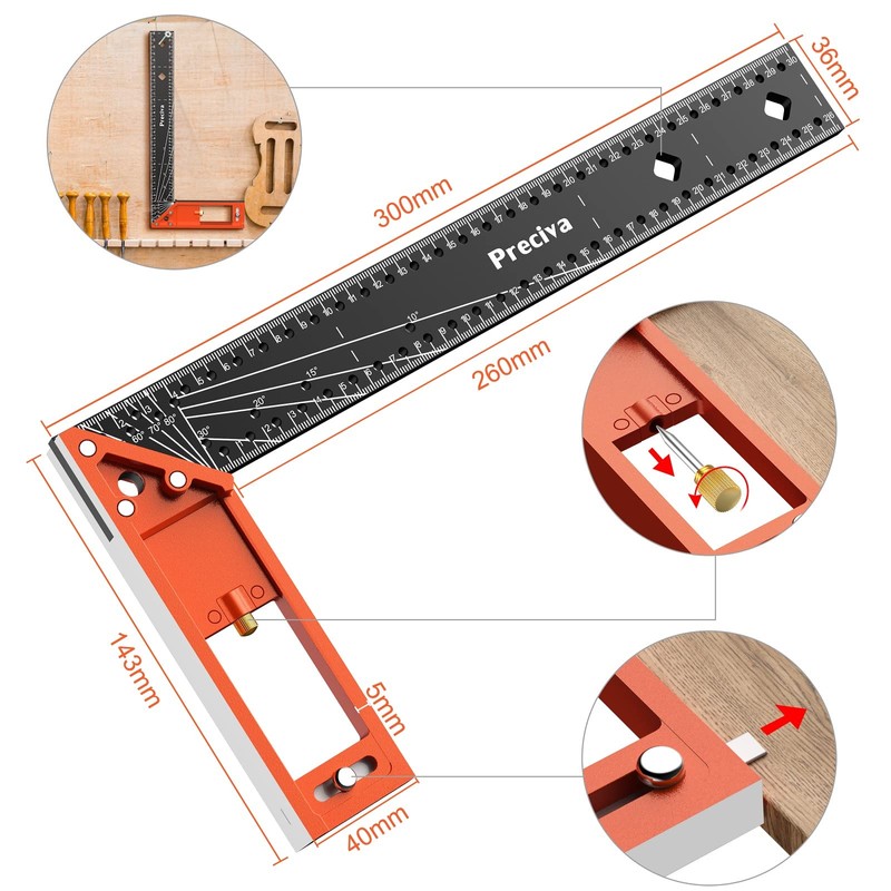 Carpenter Square Tool, Preciva Combination Square 12 Inch/300mm, Stainstainless Steel