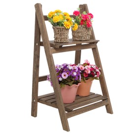 MyGift Rustic Brown Wood Design 2 Tier Freestanding Foldable Shelf Rack/Decorative Planter Pot Display Stand