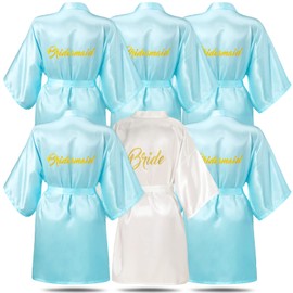 Janmercy Bridesmaid Bathrobes for Wedding, Bridal Robe, Matron of Honor Maid of Honor, Robe, Wedding Bathrobe for Bridal Shower, Gift, Pack of 6, Blue, One Size