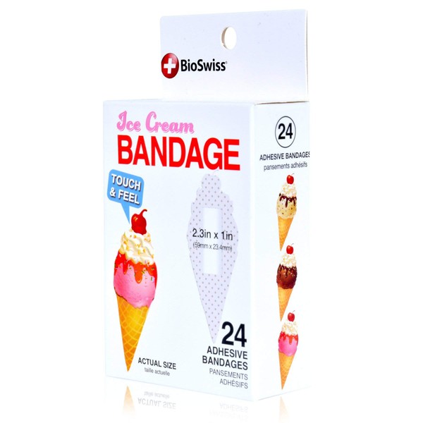 BioSwiss Bandages, Ice Cream Shaped Self Adhesive Bandages, Latex Free Sterile Wound Care, Fun First Aid Kit Supplies for Kids, 24 Count