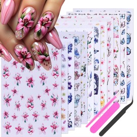 Zernblend 12 Nail Stickers with Flowers and Butterfly Pattern, Nail Stickers, Nail Stickers (with Tweezers, Nail Clippers and Nail File)