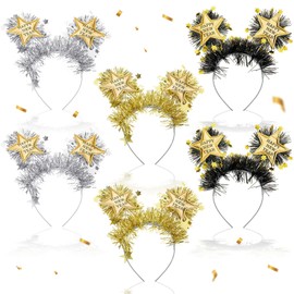 Knitgrip 6 Pcs 2025 Happy New Year Headband with star boppers Headdresses Black Gold Silver Happy New Year Headdresses for New Year's Eve Party Supplies Holiday Supplies