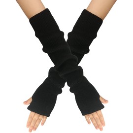 LERTREE Women Girls Knit Cashmere Blend Gloves Long Arm Warmers Elbow Warmers Fingerless Mittens with Thumb Hole (Black)