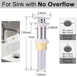 Hertone Bathroom Sink Drain Stopper Without Overflow, Pop Up Sink Drain with Detachable Strainer Basket, Sink Stopper for Vessel Sink Lavatory Vanity and Basin, Made of All Metal, Chrome