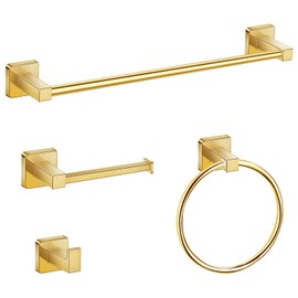 DEGULAS Bathroom Hardware Set 4 Pieces, Stainless Steel Gold Towel Bar Set, Includes 24In Towel Bar, Towel Ring, Robe Towel Hooks,Toilet Paper Holder, Bathroom Towel Rack Set