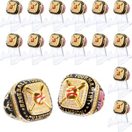 Misdary Baseball Championship Rings with Holder Most Valuable Player Greatest of All Time Gold Ring Award Gift Sports Team Prize for Tournament Winner(16 Pcs)