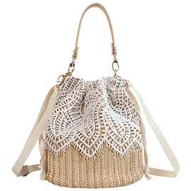 Anopo Straw Shoulder Bag Women Girls Drawstring Lace Hobo Handbag Woven Rattan Summer Beach Tote Bucket Crossbody Purse-Leaf