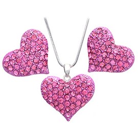 Soulbreezecollection Necklace Valentine's Day Fuchsia Hot Pink Love Heart Pendant Stud Post Earrings 2-Piece Set