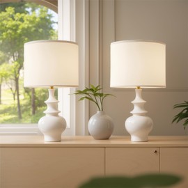 Poleris 20" Modern Ceramic Table Lamps Set of 2, White Bedroom Lamps for Night Stands, Farmhouse Bedside Lamps for Bedroom Living Room, Small Nightstand Lamps Desk End Table Lamps White