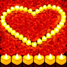 Flasoo - Juego de pétalos de rosa y velas para decoración romántica, 4000 pétalos de rosa roja y 48 luces de vela de corazón para noche especial, boda, aniversario, día de San Valentín para decoración