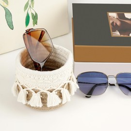 Linkidea Extra Large Sunglasses Desk Holder Stand, Brown Cotton Rope Eyewear Storage Desk Display Basket Compatible with RayBan RB8089/RB4098/RB3825/RB4376 GUCC1 GG0713S/GG1556S