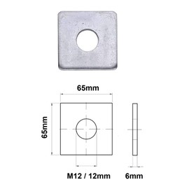 TERF® Heavy Duty M12 (12mm) X 65mm X 6mm Zinc Plated Steel Square Plate Washer 12mm ID (Hole) X 65mm Square OD X 6mm Thickness Square Plate Washer - Pack of 2
